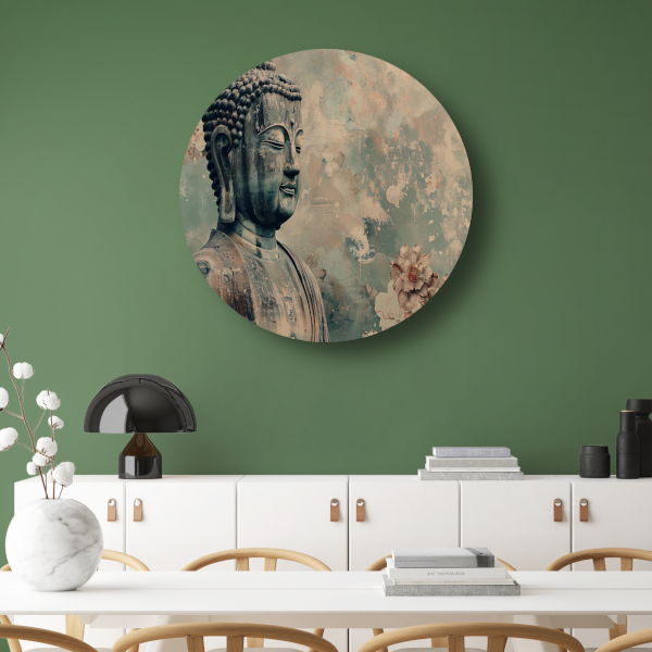 Serene Boeddha met bloemen in sepia aluminium muurcirkel