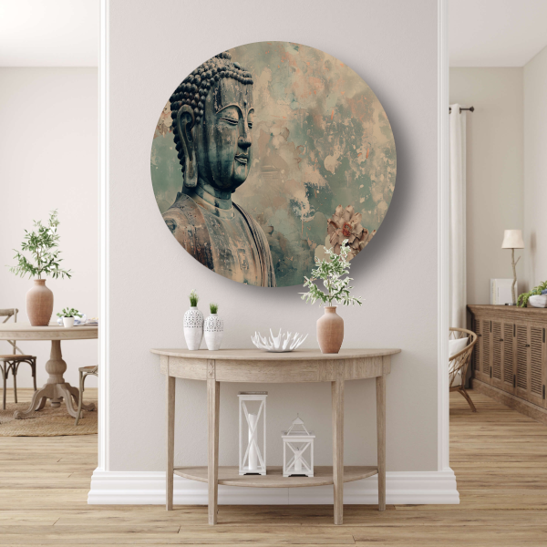 Serene Boeddha met bloemen in sepia aluminium muurcirkel