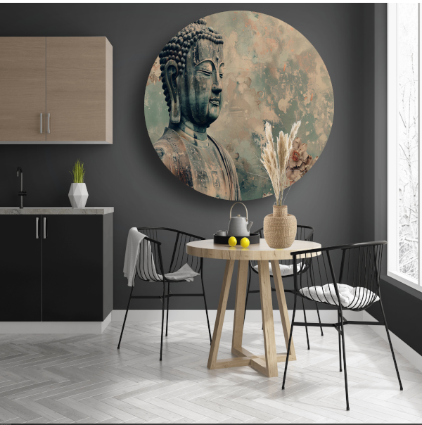 Serene Boeddha met bloemen in sepia aluminium muurcirkel
