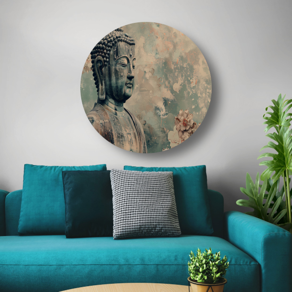 Serene Boeddha met bloemen in sepia aluminium muurcirkel