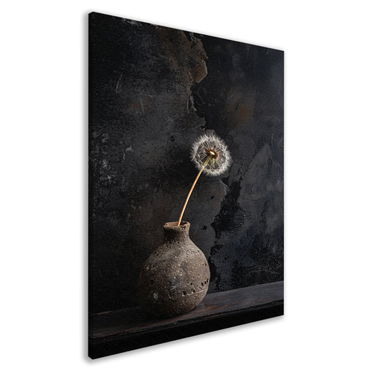 Gedroogde paardenbloem in oude vaas canvas