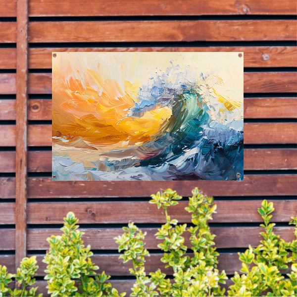 Abstract schilderij van een golf in zonsondergang tuinposter