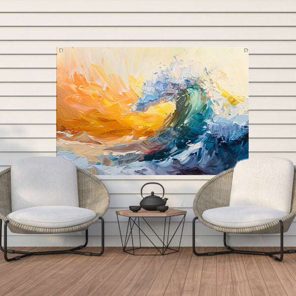 Abstract schilderij van een golf in zonsondergang tuinposter