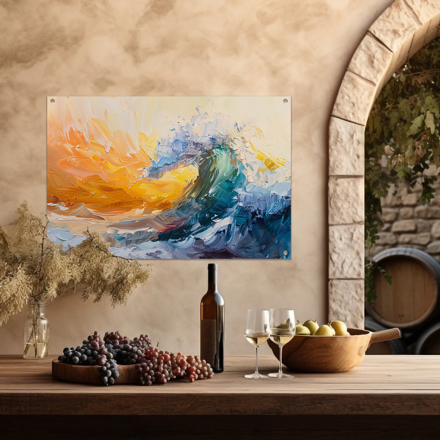 Abstract schilderij van een golf in zonsondergang tuinposter