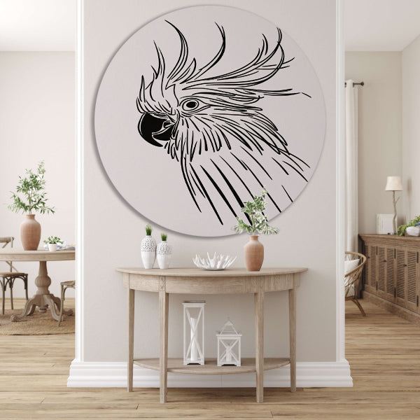 Minimalistische Kaketoe in Lijntekening aluminium muurcirkel