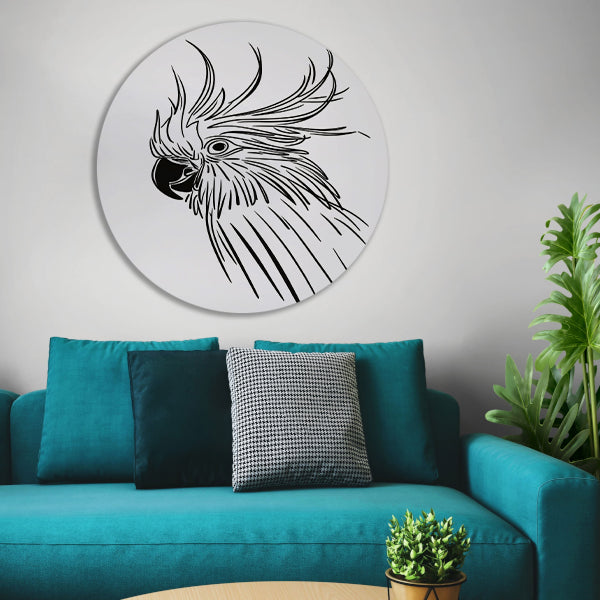 Minimalistische Kaketoe in Lijntekening aluminium muurcirkel