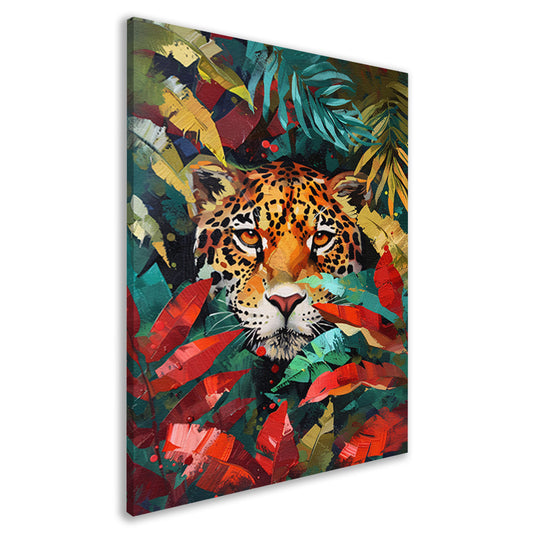 Abstract schilderij van jaguar in kleurrijke jungle canvas