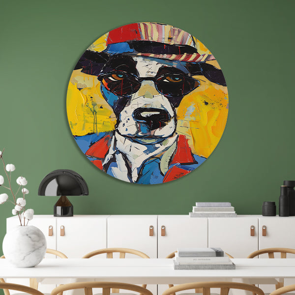 Pop Art Hond met Zonnebril en Hoed aluminium muurcirkel