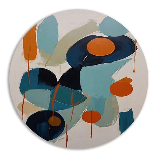 Dynamische Abstractie in Blauw en Oranje aluminium muurcirkel