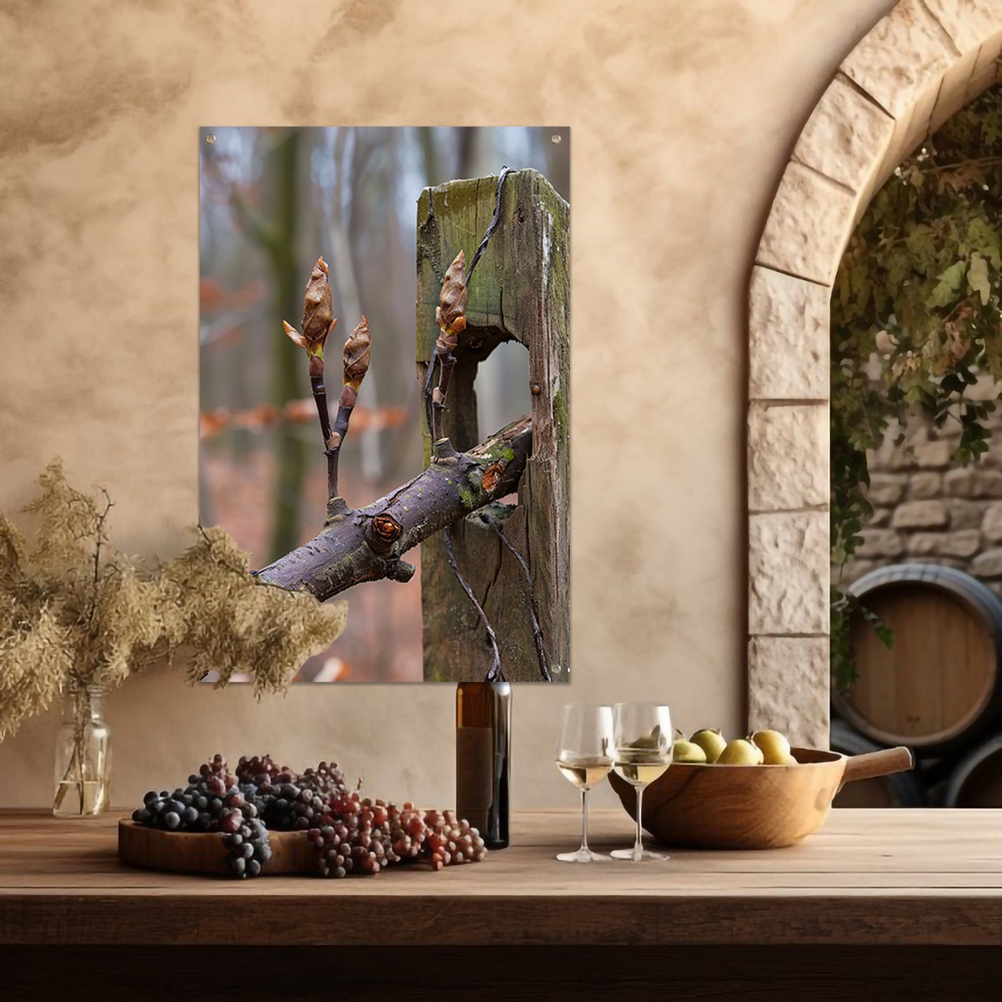 Lenteknoppen op een tak in het bos tuinposter
