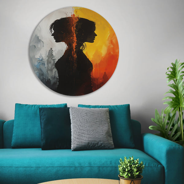Silhouet van een vrouw tussen twee werelden aluminium muurcirkel