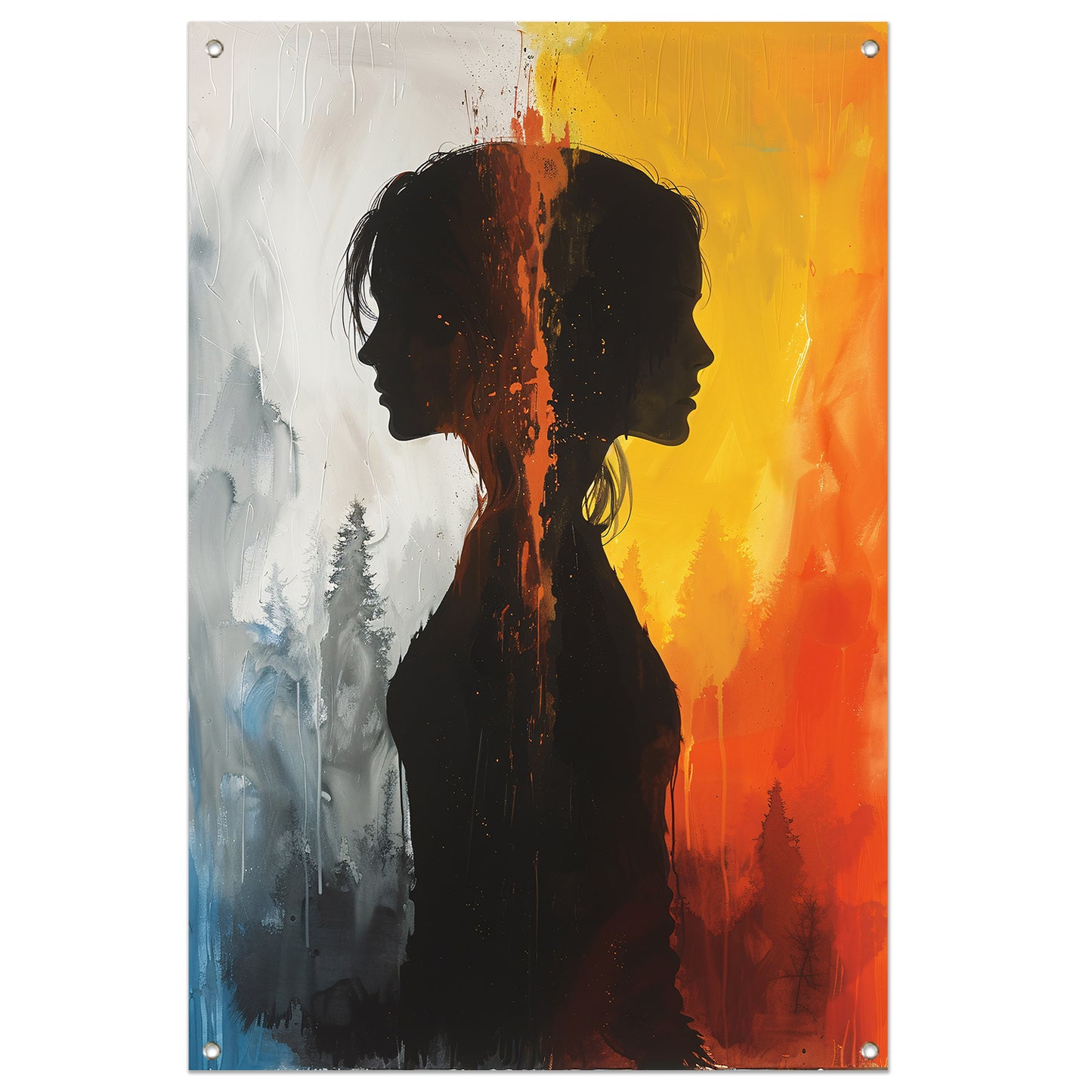 Silhouet van een vrouw tussen twee werelden tuinposter