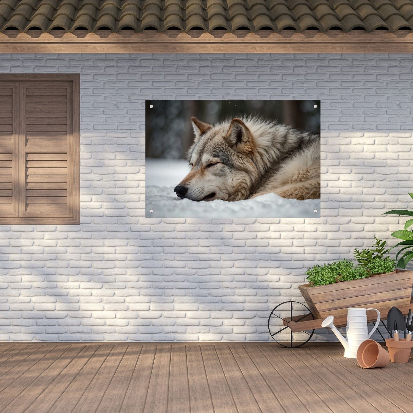 Slapende wolf in een besneeuwd landschap tuinposter