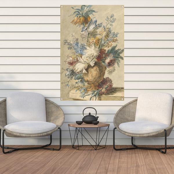 Boeket lentebloemen in een terracotta vaas - Jan van Huysum tuinposter
