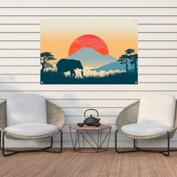 Olifant silhouet berg tuinposter
