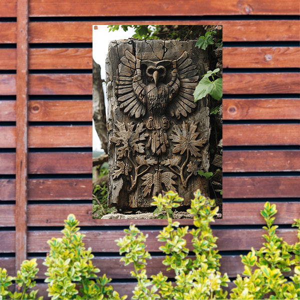 Houtsnijwerk van Uil met Planten tuinposter