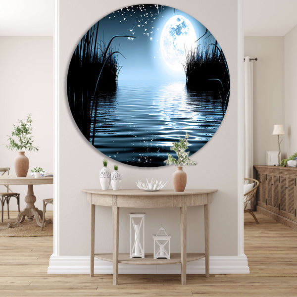 Volle Maan Reflecteert in Water aluminium muurcirkel