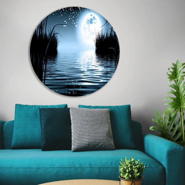 Volle Maan Reflecteert in Water aluminium muurcirkel