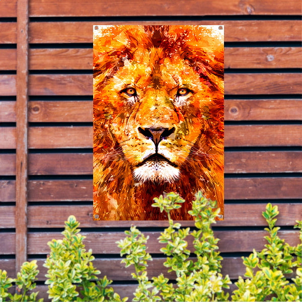 Schilderij van kleurrijke leeuw in close-up tuinposter