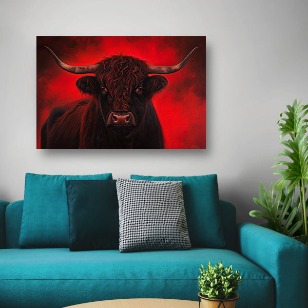 Majestueuze Schotse hooglander met vurige achtergrond canvas met baklijst