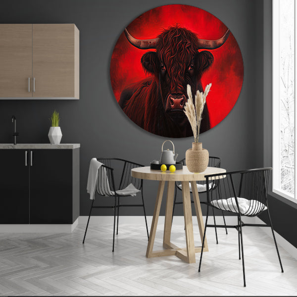 Majestueuze Schotse hooglander met vurige achtergrond aluminium muurcirkel