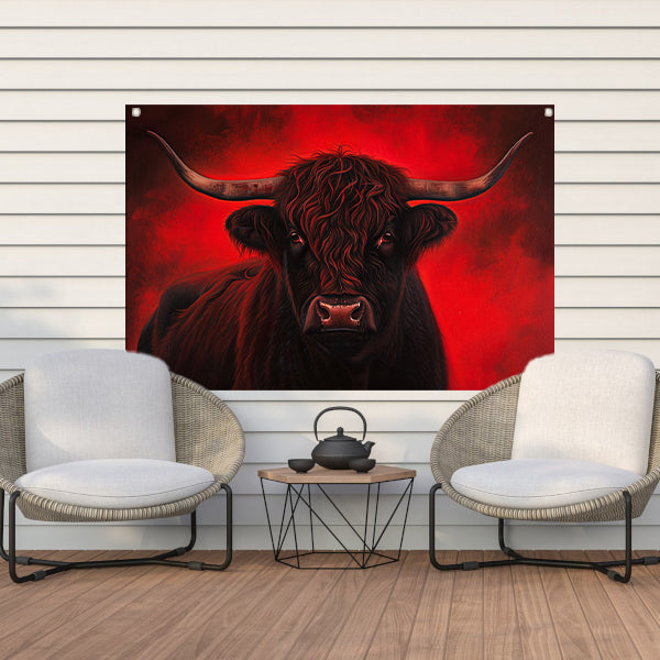Majestueuze Schotse hooglander met vurige achtergrond tuinposter