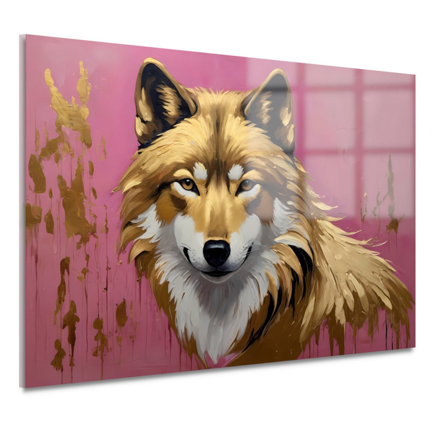 Majestueuze Wolf in Roze en Goudtinten acrylglas
