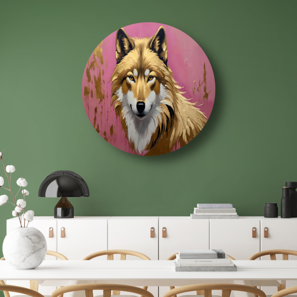 Majestueuze Wolf in Roze en Goudtinten aluminium muurcirkel