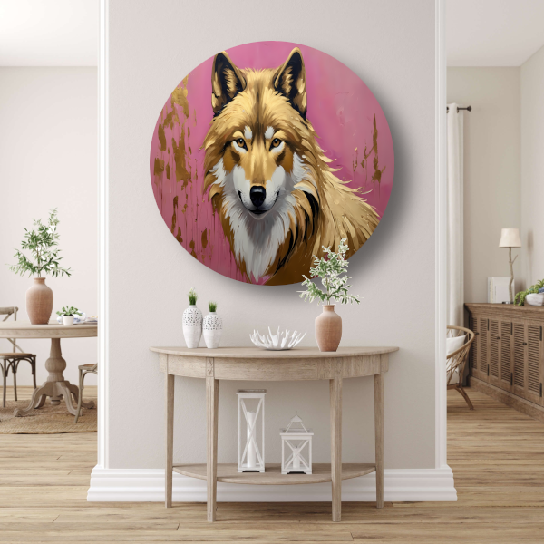 Majestueuze Wolf in Roze en Goudtinten aluminium muurcirkel