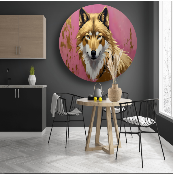 Majestueuze Wolf in Roze en Goudtinten aluminium muurcirkel