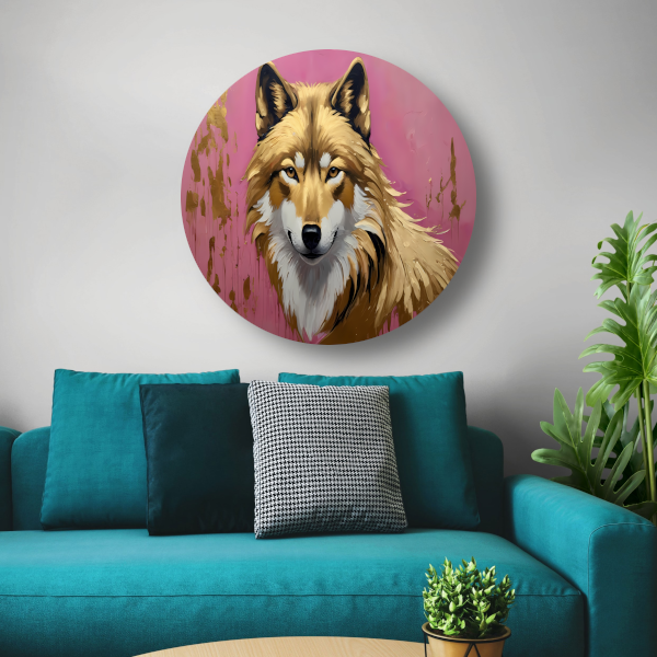 Majestueuze Wolf in Roze en Goudtinten aluminium muurcirkel