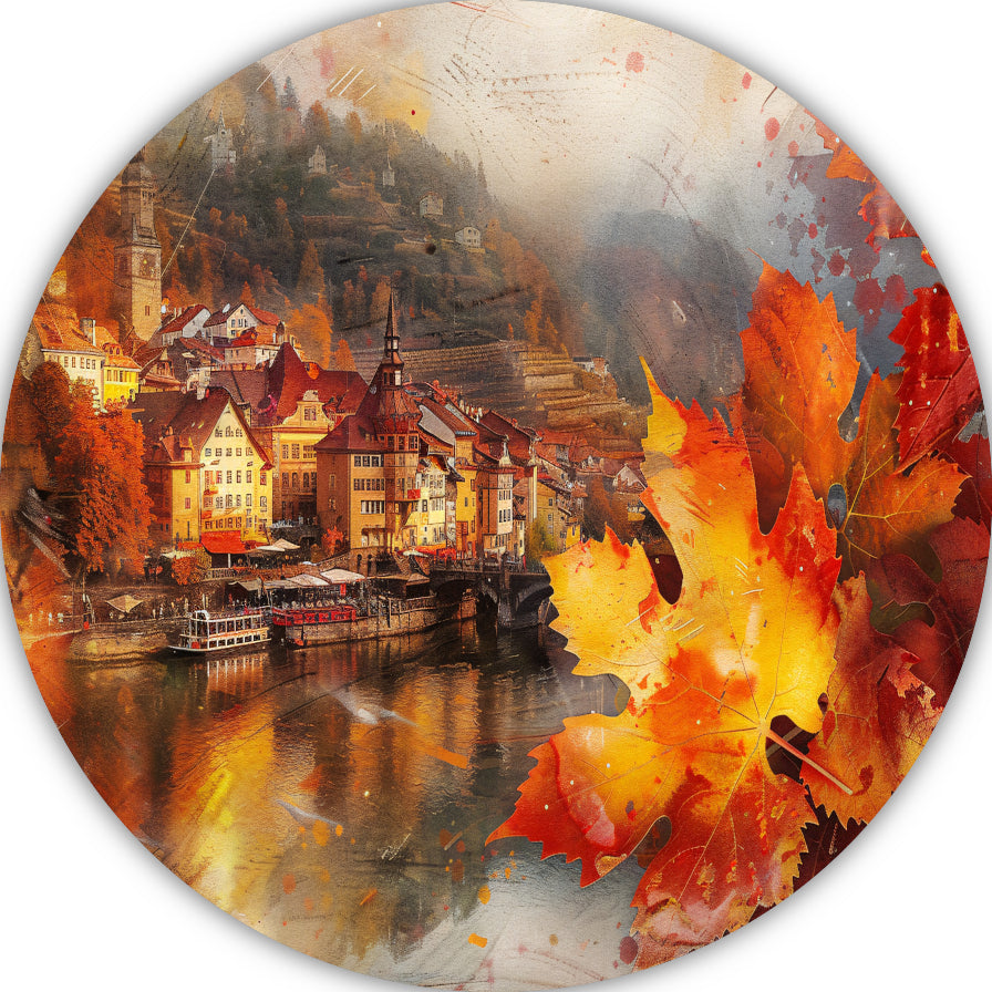 Schilderachtige Herfststad aan de Rivier forex muurcirkel