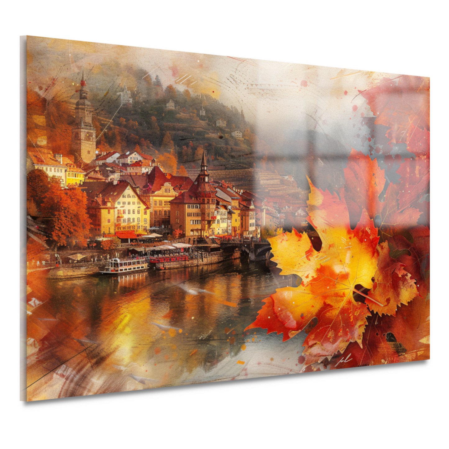 Schilderachtige Herfststad aan de Rivier acrylglas
