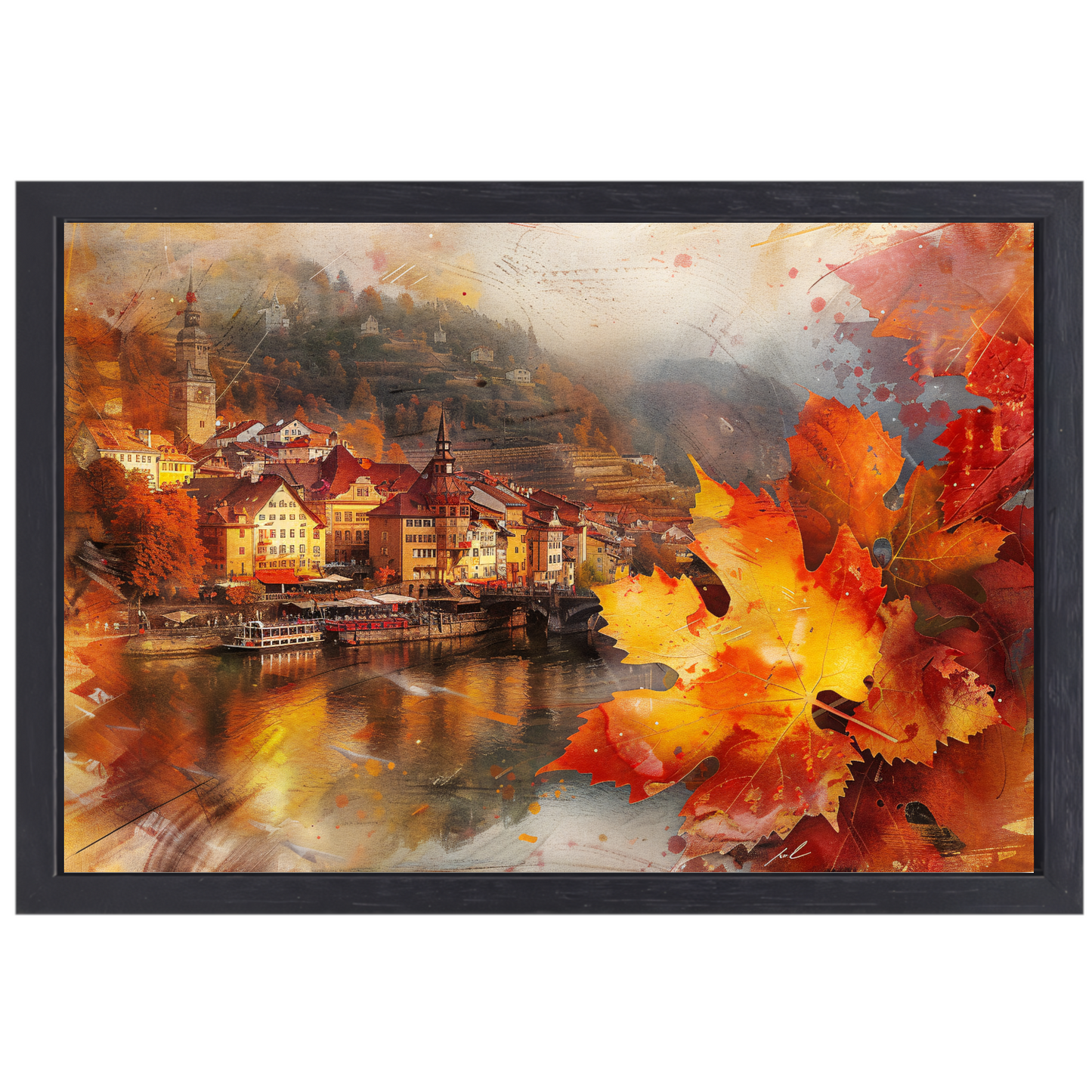 Schilderachtige Herfststad aan de Rivier canvas met baklijst