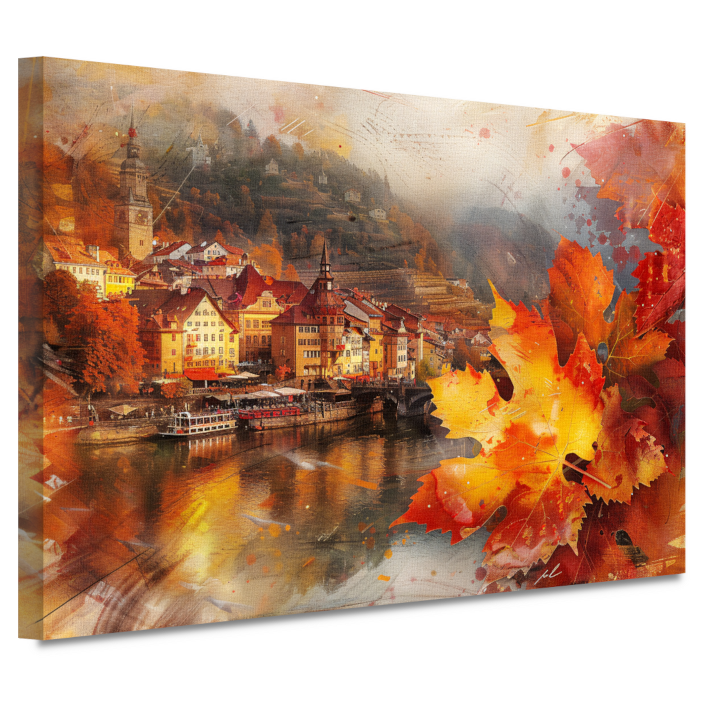 Schilderachtige Herfststad aan de Rivier canvas
