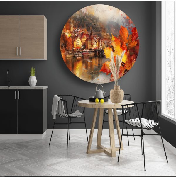Schilderachtige Herfststad aan de Rivier aluminium muurcirkel