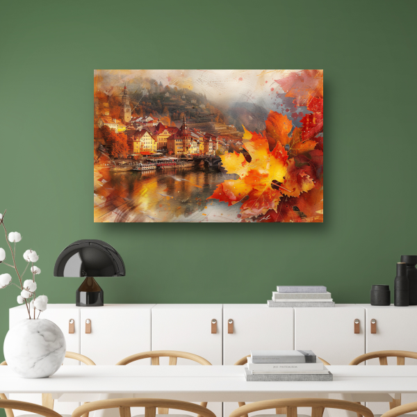Schilderachtige Herfststad aan de Rivier canvas
