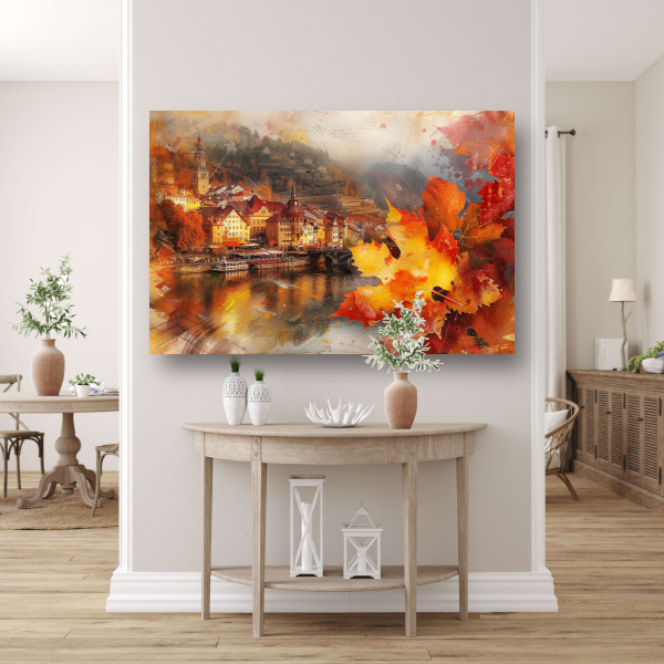 Schilderachtige Herfststad aan de Rivier canvas