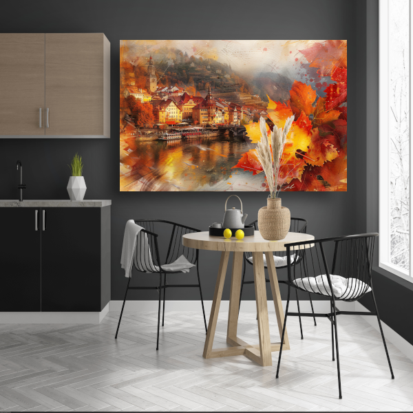 Schilderachtige Herfststad aan de Rivier canvas