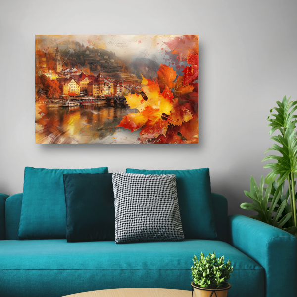 Schilderachtige Herfststad aan de Rivier canvas