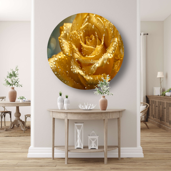 Gouden roos met waterdruppels op delicate bloemblaadjes aluminium muurcirkel
