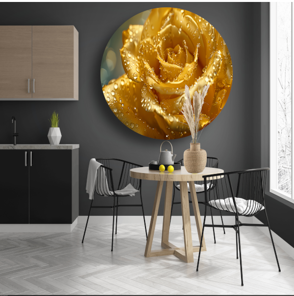 Gouden roos met waterdruppels op delicate bloemblaadjes aluminium muurcirkel