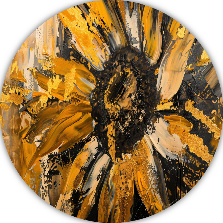 Dynamische abstracte zonnebloem in goud en zwart aluminium muurcirkel
