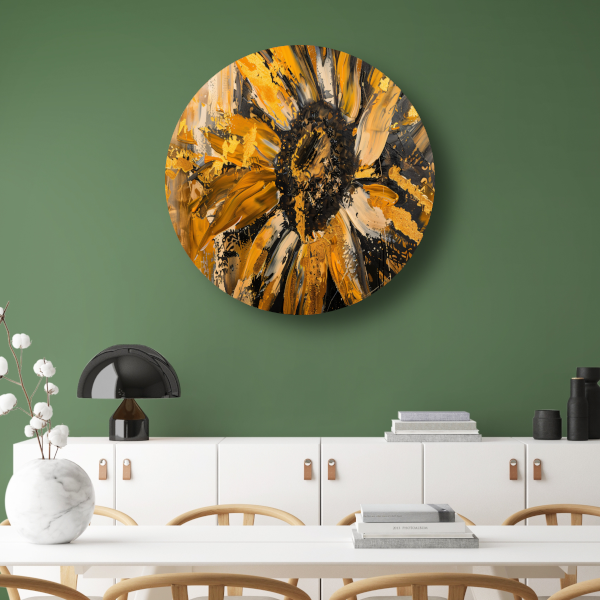 Dynamische abstracte zonnebloem in goud en zwart aluminium muurcirkel