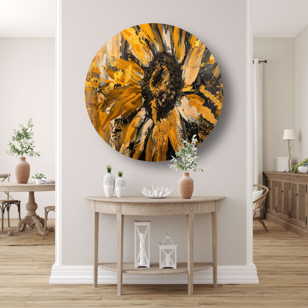 Dynamische abstracte zonnebloem in goud en zwart aluminium muurcirkel