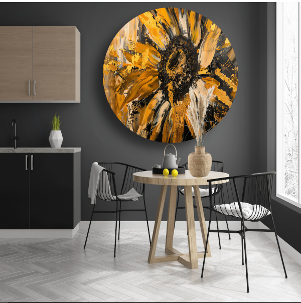 Dynamische abstracte zonnebloem in goud en zwart aluminium muurcirkel