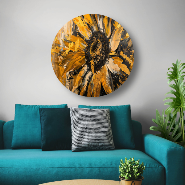 Dynamische abstracte zonnebloem in goud en zwart aluminium muurcirkel