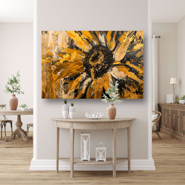 Dynamische abstracte zonnebloem in goud en zwart poster