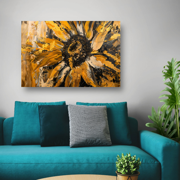 Dynamische abstracte zonnebloem in goud en zwart poster
