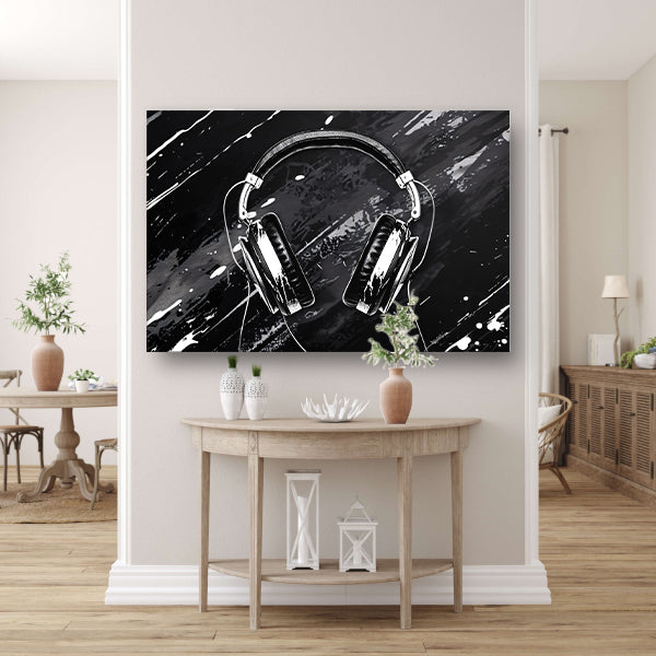 Abstracte koptelefoon met spetterende achtergrond acrylglas